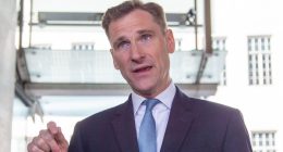 Chris Philp, Shadow Home Secretary, speaking to reporters.