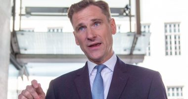 Chris Philp, Shadow Home Secretary, speaking to reporters.