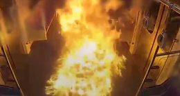 CCTV footage of a fire in a Seoul subway carriage.