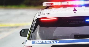 Rear view of a police car at an emergency scene.