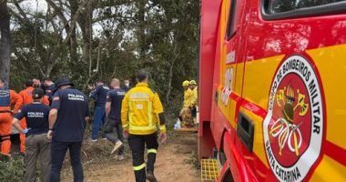 Emergency services operate at the area where a hot air balloon crashed, leaving at least 8 dead in Santa Catarina, Brazil on June 21, 2025.