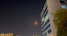 In this frame-grab made from video, missiles and air-defence interceptors illuminate the night sky over Doha after Iran launched an attack on US forces at Al Udeid Air Base on June 23, 2025 in Doha.