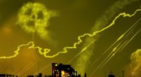 Illustration of a night sky lit up by missiles and explosions, with smoke forming the nuclear symbol in the sky