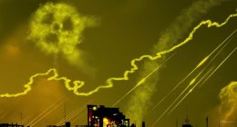 Illustration of a night sky lit up by missiles and explosions, with smoke forming the nuclear symbol in the sky