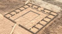 Aerial illustration of the Palaspata temple ruins in Bolivia.