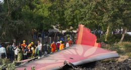 Debris of a crashed airplane with people standing nearby.