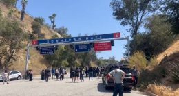 Protestors at the Downtown Gate of Dodger Stadium.