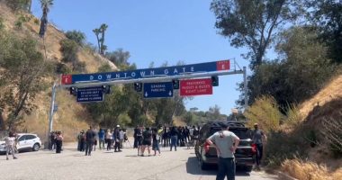 Protestors at the Downtown Gate of Dodger Stadium.
