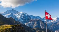 view of the Jungfrau and mountain range of Bernese alps from Mannlichen cablecar station, Switzerland.