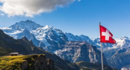 view of the Jungfrau and mountain range of Bernese alps from Mannlichen cablecar station, Switzerland.