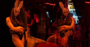 A dancer in a bunny mask at a Kharkiv nightclub.