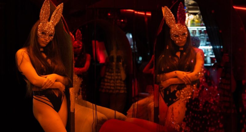 A dancer in a bunny mask at a Kharkiv nightclub.