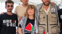 Greta Thunberg and crew members of the ship Madleen at a press conference before departing for Gaza.