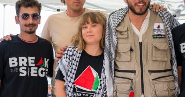 Greta Thunberg and crew members of the ship Madleen at a press conference before departing for Gaza.