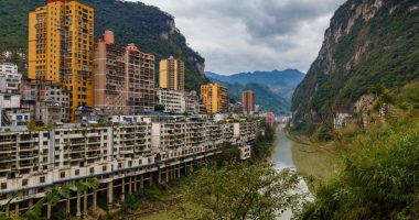 Yanjingzhen city view and Guanhe river, China.