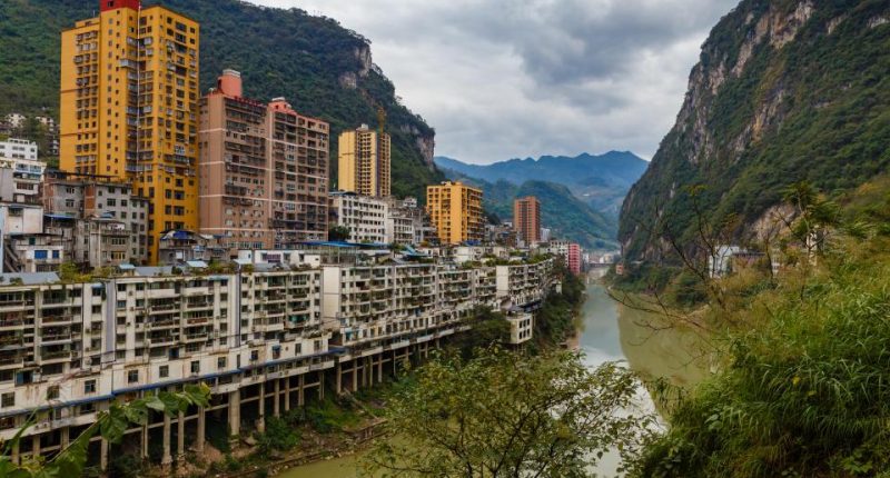 Yanjingzhen city view and Guanhe river, China.