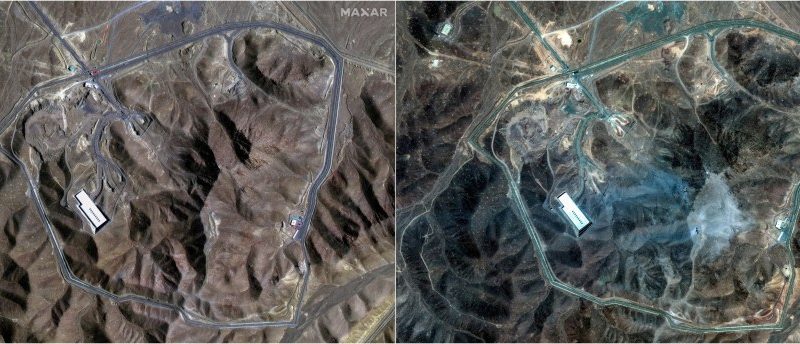 Satellite imagery comparison showing a site before and after an apparent explosion.