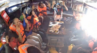 This picture shows members of the crew of the "Madleen" sitting inside the boat wearing lifejackets. No Israel Defence Force soldiers can be seen in the image and it has yet to be independently verified.