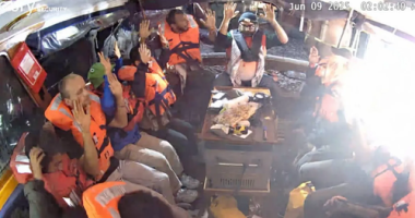 This picture shows members of the crew of the "Madleen" sitting inside the boat wearing lifejackets. No Israel Defence Force soldiers can be seen in the image and it has yet to be independently verified.
