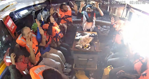 This picture shows members of the crew of the "Madleen" sitting inside the boat wearing lifejackets. No Israel Defence Force soldiers can be seen in the image and it has yet to be independently verified.