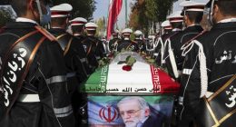 Military personnel stand near the flag-draped coffin of Mohsen Fakhrizadeh during his funeral in Tehran, Iran, in November 2020.