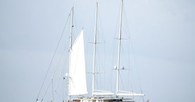 Jeff Bezos' sailing yacht, Koru, at sea.