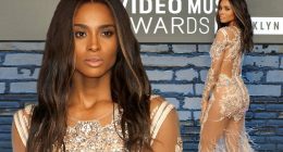 Keeping her Goodies covered! Ciara stands out at the VMAs in daring sheer dress with feathered hemline