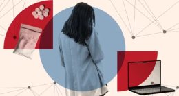 Montage of a girl, a laptop and packets of pills