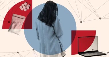 Montage of a girl, a laptop and packets of pills