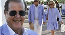 Lilac lovers: Roger Moore and wife Kristina Tholstrup arrive at the 70th Venice Film Festival in colour-coordinated outfits