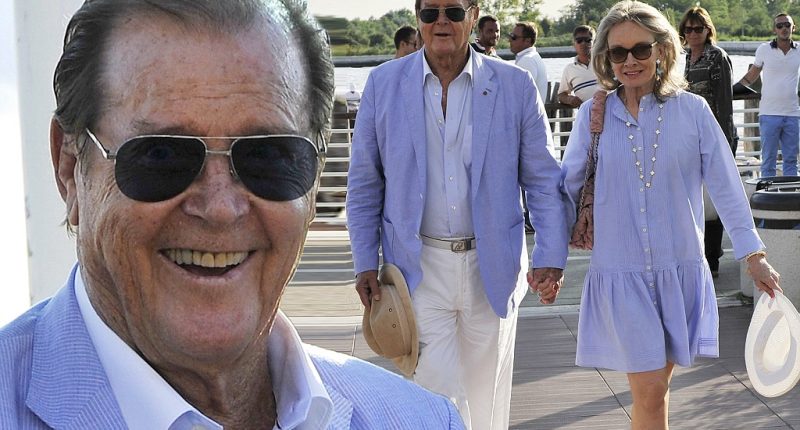Lilac lovers: Roger Moore and wife Kristina Tholstrup arrive at the 70th Venice Film Festival in colour-coordinated outfits
