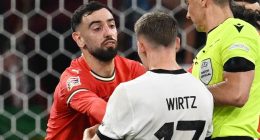 Liverpool target Florian Wirtz puts in crunching tackle on Man United star Bruno Fernandes and rows with Bernardo Silva in Germany's defeat by Portugal