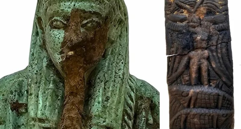 Ancient Egyptian artifacts: a statue and a fragment.