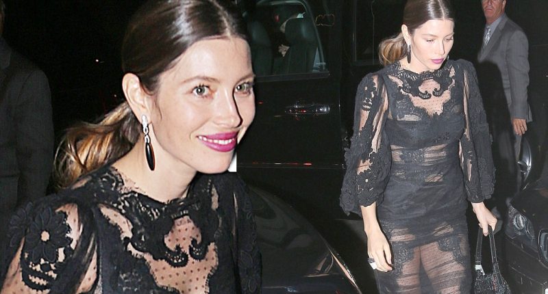 MTV VMAs 2013: Sheer daring: Jessica Biel wows in see-through black lace dress as she heads to VMA afterparty to support husband Justin Timberlake