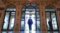 Donald Trump arrives for a news conference at his Mar-a-Lago estate, Tuesday, Oct. 29, 2024, in Palm Beach, Fla. (AP Photo/Julia Demaree Nikhinson)