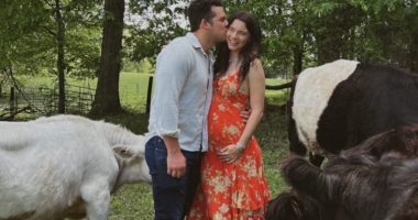 Pregnant woman in orange dress being kissed by a man, with cattle nearby.