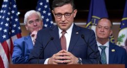 peaker of the House Mike Johnson, R-La., flanked by Majority Whip Tom Emmer, R-Minn., left, and Rep. Mark Messmer, R-Ind., talks with reporters to discuss work on President Donald Trump's bill of tax breaks and spending cuts, at the Capitol in Washington, Wednesday, June 4, 2025.