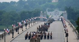 Military parade features helicopter flyover as police in LA disperse protest