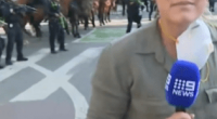 Reporter reporting live from a street with mounted police in the background.