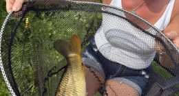 Woman holding a large fish in a net.