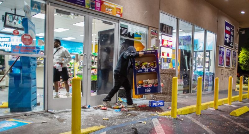 Looting of a gas station during an immigration protest.