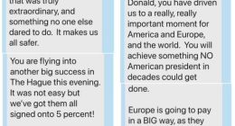 Screenshots of a text message sent by Mark Rutte to Donald Trump, posted by the US president to Truth Social