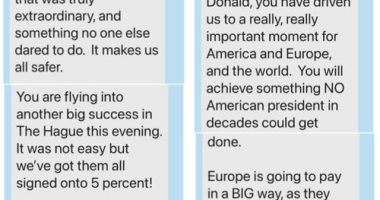 Screenshots of a text message sent by Mark Rutte to Donald Trump, posted by the US president to Truth Social