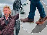 Noel Edmonds spotted once again wearing ODD shoes as he puts on a kooky display while dancing alongside statue of the Bee Gees on the Isle of Man - ahead of his '£1M' return to TV