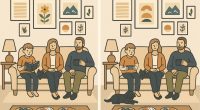 Illustration of two nearly identical images of a family sitting on a couch; a spot-the-difference puzzle.