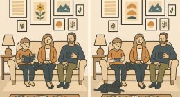 Illustration of two nearly identical images of a family sitting on a couch; a spot-the-difference puzzle.