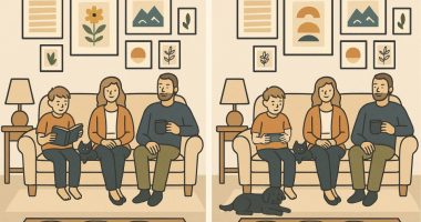 Illustration of two nearly identical images of a family sitting on a couch; a spot-the-difference puzzle.