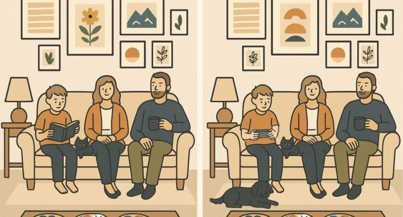 Illustration of two nearly identical images of a family sitting on a couch; a spot-the-difference puzzle.
