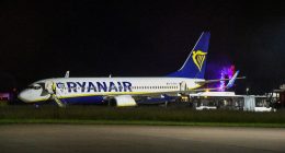 Ryanair passenger jet on the tarmac after experiencing turbulence.