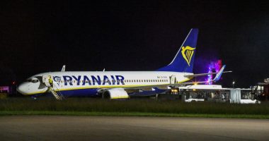 Ryanair passenger jet on the tarmac after experiencing turbulence.